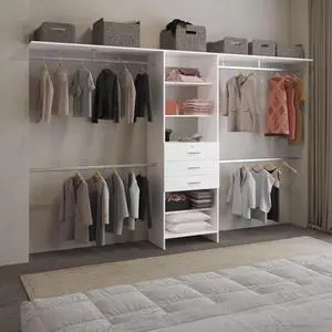 Plego 69"W - 118"W Drawers Closet System, Five Shelves, Four Hanging Rods, Three Drawers White Plego 69"W - 118"W Drawers Closet System, Five Shelves, Four Hanging Rods, Three Drawers White