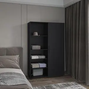 Eco High One Door Freestanding Armoire With Hanging Rod And Interior Shelves, Compact Bedroom Wardrobe, Black Eco High One Door Freestanding Armoire With Hanging Rod And Interior Shelves, Compact Bedroom Wardrobe, Black