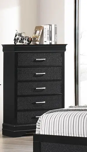 Modern 1pc Black Finish 5-Drawer Tall Chest Wooden Textured Finish Crystal Tufted Handle Furniture Modern 1pc Black Finish 5-Drawer Tall Chest Wooden Textured Finish Crystal Tufted Handle Furniture