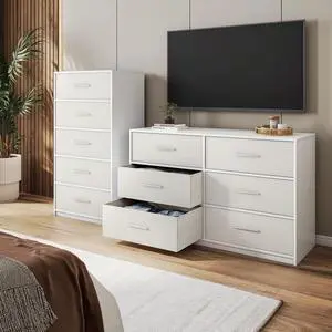 5-Drawer Dresser with Large Fabric Drawers, White 5-Drawer Dresser with Large Fabric Drawers, White
