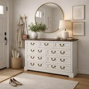 Farmhouse 9-Drawer Dresser, Rustic Wooden Chest of Drawers with Metal Handles, Wide Storage Dresser TV Stand for Bedroom, Living Room, Hallway, Dining Room, (Grey) Farmhouse 9-Drawer Dresser, Rustic Wooden Chest of Drawers with Metal Handles, Wide Storage Dresser TV Stand for Bedroom, Living Room, Hallway, Dining Room, (Grey)
