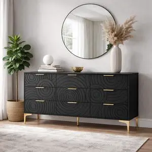 9 Drawer Dresser, Modern Wooden Dresser Chest of Drawers with Metal Handles, Large Storage TV Stand for Bedroom, Living Room, Hallway, Closet Organizer (Black) 9 Drawer Dresser, Modern Wooden Dresser Chest of Drawers with Metal Handles, Large Storage TV Stand for Bedroom, Living Room, Hallway, Closet Organizer (Black)