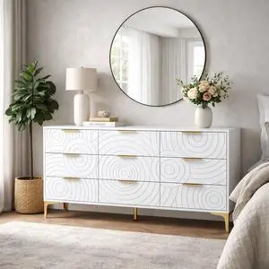 9 Drawer Dresser, Modern Wooden Dresser Chest of Drawers with Metal Handles, Large Storage TV Stand for Bedroom, Living Room, Hallway, Closet Organizer (White) 9 Drawer Dresser, Modern Wooden Dresser Chest of Drawers with Metal Handles, Large Storage TV Stand for Bedroom, Living Room, Hallway, Closet Organizer (White)