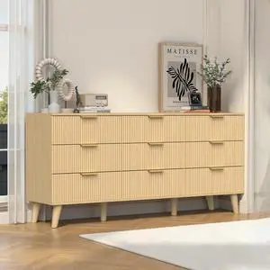 9 Drawer Dresser for Bedroom, Fluted Wooden Chest of Drawers for Children's Room, Nursery, Entrance, Natural, 63"W x 15.7"D x 29.5"H 9 Drawer Dresser for Bedroom, Fluted Wooden Chest of Drawers for Children's Room, Nursery, Entrance, Natural, 63"W x 15.7"D x 29.5"H