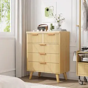 5 Drawer Dresser for Bedroom, Fluted Wooden Chest of Drawers for Children's Room, Nursery, Entrance, Natural, 26"W x 15"D x 33.5"H 5 Drawer Dresser for Bedroom, Fluted Wooden Chest of Drawers for Children's Room, Nursery, Entrance, Natural, 26"W x 15"D x 33.5"H
