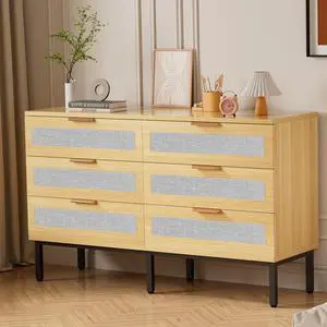6 Drawer Dresser for Bedroom, Wooden Chest of 6 Drawers with Linen Fabric, Oak 6 Drawer Dresser for Bedroom, Wooden Chest of 6 Drawers with Linen Fabric, Oak