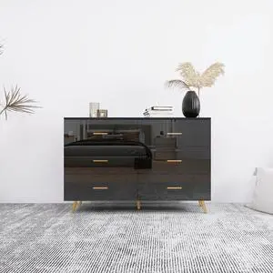 High Glossy Surface 6 Drawers Chest of Drawer with Golden Handle and Golden Steel Legs Black Color Vanity High Glossy Surface 6 Drawers Chest of Drawer with Golden Handle and Golden Steel Legs Black Color Vanity