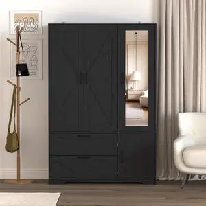 4 Doors Wardrobe Closet with Mirror, LED Wardrobe with Doors and 2 Drawers, Wooden Wardrobe Storage Cabinet with Hanging Rod, Adjustable Shelves, Black 4 Doors Wardrobe Closet with Mirror, LED Wardrobe with Doors and 2 Drawers, Wooden Wardrobe Storage Cabinet with Hanging Rod, Adjustable Shelves, Black