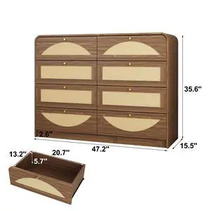 Walnut Finish 8Drawer Dresser With Rattan Front, Wide Particle Board Chest Of Drawers, Modern Wooden Storage Cabinet For Bedroom Living Room Walnut Finish 8Drawer Dresser With Rattan Front, Wide Particle Board Chest Of Drawers, Modern Wooden Storage Cabinet For Bedroom Living Room