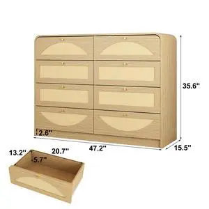 Natural Finish 8Drawer Dresser With Rattan Front, Wide Particle Board Chest Of Drawers, Modern Wooden Storage Cabinet For Bedroom Living Room Natural Finish 8Drawer Dresser With Rattan Front, Wide Particle Board Chest Of Drawers, Modern Wooden Storage Cabinet For Bedroom Living Room