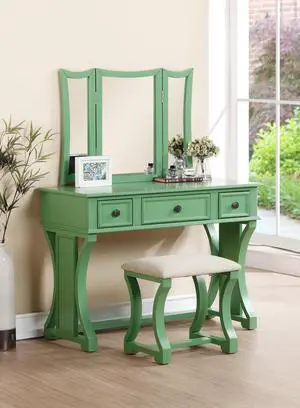 Unique Modern Bedroom Vanity Set w Stool Foldable Mirror Drawers Apple Green Color MDF Veneer 1pc Vanity Furniture Unique Modern Bedroom Vanity Set w Stool Foldable Mirror Drawers Apple Green Color MDF Veneer 1pc Vanity Furniture