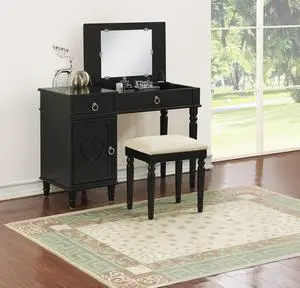 Bedroom Vanity Set w Stool Open Up Mirror Storage Space Drawers Rubber wood Ring Pull Handles Black Color Vanity Bedroom Vanity Set w Stool Open Up Mirror Storage Space Drawers Rubber wood Ring Pull Handles Black Color Vanity