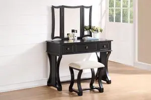 Unique Modern Bedroom Vanity Set w Stool Foldable Mirror Drawers Black Color MDF Veneer 1pc Vanity Set Unique Modern Bedroom Vanity Set w Stool Foldable Mirror Drawers Black Color MDF Veneer 1pc Vanity Set