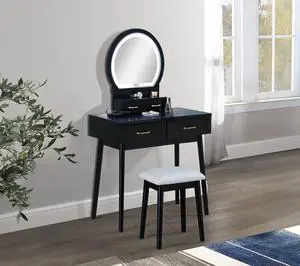 3pc Vanity Table and Stool Set Built-in Led-lit Mirror Matching Cushioned Stool Gold-accented Handles Wooden Home Furniture Black 3pc Vanity Table and Stool Set Built-in Led-lit Mirror Matching Cushioned Stool Gold-accented Handles Wooden Home Furniture Black