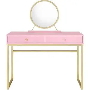 2 Drawers Vanity Desk with Mirror and Jewelry Tray, Pink and Gold 2 Drawers Vanity Desk with Mirror and Jewelry Tray, Pink and Gold