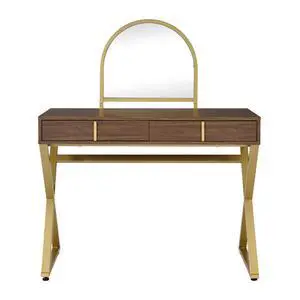 2 Drawers Vanity Desk with Mirror and Jewelry Tray, Walnut and Gold 2 Drawers Vanity Desk with Mirror and Jewelry Tray, Walnut and Gold