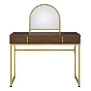 2 Drawers Vanity Desk with Mirror and Jewelry Tray, Walnut and Gold 2 Drawers Vanity Desk with Mirror and Jewelry Tray, Walnut and Gold