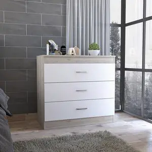 Melia Three Drawer Dresser, Superior Top, Metal Hardware -Light Gray / White Melia Three Drawer Dresser, Superior Top, Metal Hardware -Light Gray / White