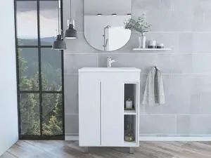 24" Meka Vanity, Two External Shelves, Double Door Cabinet -White 24" Meka Vanity, Two External Shelves, Double Door Cabinet -White