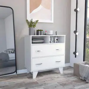 Portanova Two Drawer Dresser, Two Open Shelves, Superior Top, Four Legs -White Portanova Two Drawer Dresser, Two Open Shelves, Superior Top, Four Legs -White