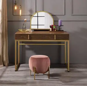 Coleen Walnut & Gold Finish Vanity Desk W/Mirror & Jewelry Tray Coleen Walnut & Gold Finish Vanity Desk W/Mirror & Jewelry Tray