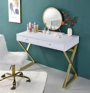Coleen White & Gold Finish Vanity Desk W/Mirror & Jewelry Tray Coleen White & Gold Finish Vanity Desk W/Mirror & Jewelry Tray