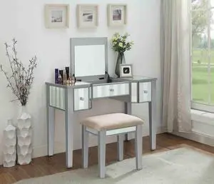 Transitional Style 1pc Vanity w/ Stool Set Core Design Storage Drawers Central Mirror Padded Stool Silver Finish Bedroom Furniture Transitional Style 1pc Vanity w/ Stool Set Core Design Storage Drawers Central Mirror Padded Stool Silver Finish Bedroom Furniture
