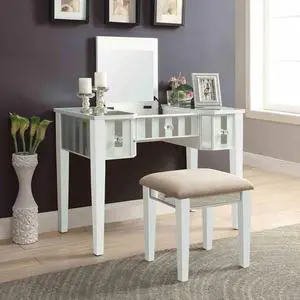 Transitional Style 1pc Vanity w/ Stool Set Core Design Storage Drawers Central Mirror Padded Stool White Finish Bedroom Furniture Transitional Style 1pc Vanity w/ Stool Set Core Design Storage Drawers Central Mirror Padded Stool White Finish Bedroom Furniture