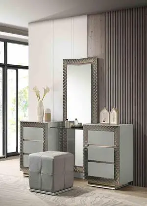 Glam Style 1pc Vanity Set w/ Stool Plinth Base Silver Molding Glass Top LED On Headboard And Mirror Gray Finish Bedroom Furniture Glam Style 1pc Vanity Set w/ Stool Plinth Base Silver Molding Glass Top LED On Headboard And Mirror Gray Finish Bedroom Furniture