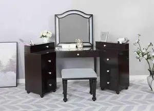 Glam Style 1pc Vanity w/ Stool Set 8mm Glass Top Storage Drawers LED On Mirror Obsidian Gray Finish Bedroom Furniture Glam Style 1pc Vanity w/ Stool Set 8mm Glass Top Storage Drawers LED On Mirror Obsidian Gray Finish Bedroom Furniture