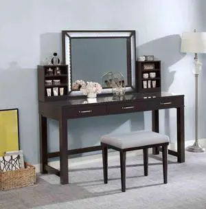 Glam Style 1pc Vanity w/ Stool Set Tempered Glass Top Central Mirror Storage Drawers Padded Stool Obsidian Gray Finish Glam Style 1pc Vanity w/ Stool Set Tempered Glass Top Central Mirror Storage Drawers Padded Stool Obsidian Gray Finish