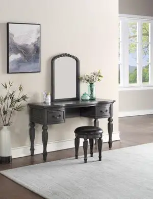 Bedroom Classic Vanity Set Wooden Carved Mirror Stool Drawers Antique Grey Finish Bedroom Classic Vanity Set Wooden Carved Mirror Stool Drawers Antique Grey Finish