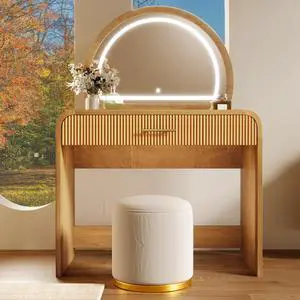 39" Makeup Vanity Table with Mirror Touch Screen Lighted Mirror, Dressing Table with Drawer for Bedroom, Natural 39" Makeup Vanity Table with Mirror Touch Screen Lighted Mirror, Dressing Table with Drawer for Bedroom, Natural