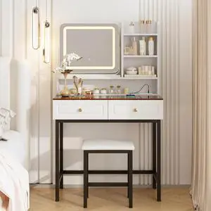 Makeup Vanity with LED Lighted Mirror, 360° Rotatable Mirror, Vanity Desk with 2 Drawers,Power Outlet and 3-Tier Shelves, Amber Glass Table Top, Dressing Table with Sturdy Metal Leg and Stool, White Makeup Vanity with LED Lighted Mirror, 360° Rotatable Mirror, Vanity Desk with 2 Drawers,Power Outlet and 3-Tier Shelves, Amber Glass Table Top, Dressing Table with Sturdy Metal Leg and Stool, White