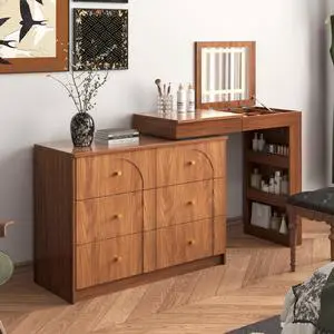 Vanity Desk with Mirror and Lights, Makeup Vanity Table with Flip-Top Tabletop and Storage 7 Drawers, 9 Compartments, 3 Shelves, 3 Color Modes Adjustable Makeup Table for Bedroom, Walnut (N733P279096) Vanity Desk with Mirror and Lights, Makeup Vanity Table with Flip-Top Tabletop and Storage 7 Drawers, 9 Compartments, 3 Shelves, 3 Color Modes Adjustable Makeup Table for Bedroom, Walnut (N733P279096)