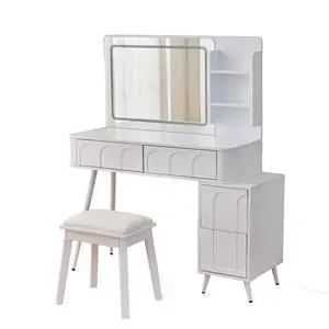 Modern Makeup Vanity Desk with LED Lights & Mirror, 4 Drawer Dressing Table Set with Stool, 3 Colors Dimmable Brightness, Space-Saving for Bedroom, White Modern Makeup Vanity Desk with LED Lights & Mirror, 4 Drawer Dressing Table Set with Stool, 3 Colors Dimmable Brightness, Space-Saving for Bedroom, White