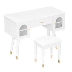 Elegant Vanity Makeup Table & Chair Set, Modern Dressing Table with Organizer, Writing Desk, Charging Port, White Elegant Vanity Makeup Table & Chair Set, Modern Dressing Table with Organizer, Writing Desk, Charging Port, White