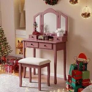 Sanlo Wooden Vanity Make Up Table and Stool Set, Rose Gold Sanlo Wooden Vanity Make Up Table and Stool Set, Rose Gold