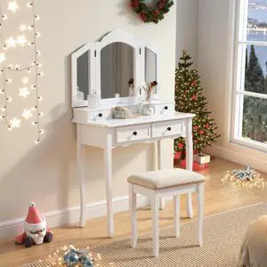 Sanlo Wooden Vanity Make Up Table and Stool Set, White Sanlo Wooden Vanity Make Up Table and Stool Set, White