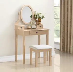 Moniys Wood Moniya Makeup Vanity Table and Stool Set, Gold Moniys Wood Moniya Makeup Vanity Table and Stool Set, Gold
