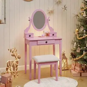 Moniys Wood Moniya Makeup Vanity Table and Stool Set, Pink Moniys Wood Moniya Makeup Vanity Table and Stool Set, Pink