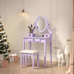Moniys Wood Moniya Makeup Vanity Table and Stool Set, Purple Moniys Wood Moniya Makeup Vanity Table and Stool Set, Purple
