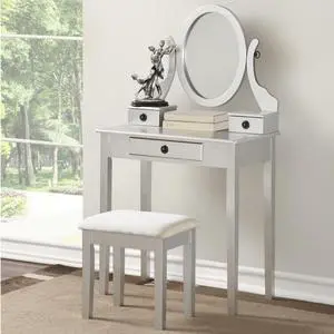Moniys Wood Moniya Makeup Vanity Table and Stool Set, Silver Moniys Wood Moniya Makeup Vanity Table and Stool Set, Silver