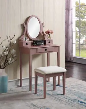 Moniys Wood Moniya Makeup Vanity Table and Stool Set, Rose Gold Moniys Wood Moniya Makeup Vanity Table and Stool Set, Rose Gold