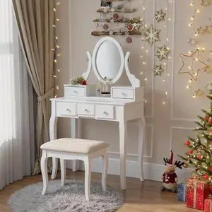 Ashley Wood Make-Up Vanity Table and Stool Set, White Ashley Wood Make-Up Vanity Table and Stool Set, White