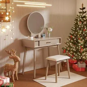 Maly Contemporary Wood Vanity and Stool Set, Gold Maly Contemporary Wood Vanity and Stool Set, Gold