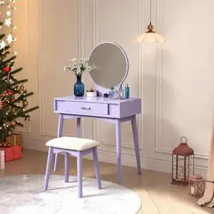Maly Contemporary Wood Vanity and Stool Set, Purple Maly Contemporary Wood Vanity and Stool Set, Purple