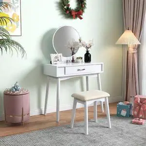 Maly Contemporary Wood Vanity and Stool Set, White Maly Contemporary Wood Vanity and Stool Set, White