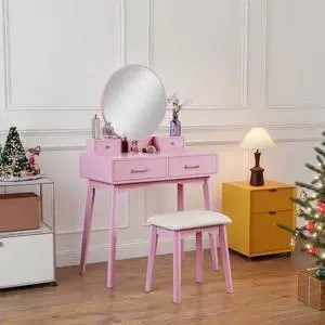 Liannon Contemporary Wood Vanity and Stool Set, Pink Liannon Contemporary Wood Vanity and Stool Set, Pink
