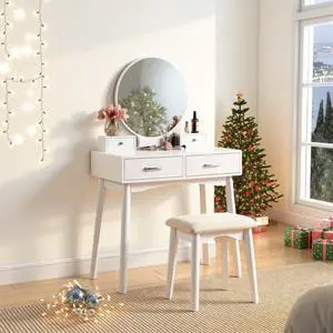 Liannon Contemporary Wood Vanity and Stool Set, White Liannon Contemporary Wood Vanity and Stool Set, White